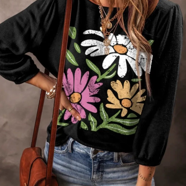 Black 3/4 Sleeve Graphic Daisy Sweatshirt Tee
