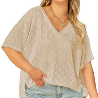 Black Pointelle Rhombus Knit Plus Size V Neck Loose Top