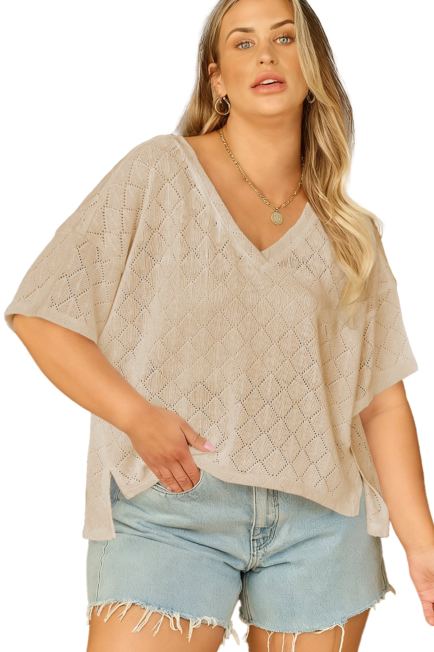 Black Pointelle Rhombus Knit Plus Size V Neck Loose Top