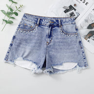 Beau Blue Pearl Studded Pocket Raw Hem Denim Shorts