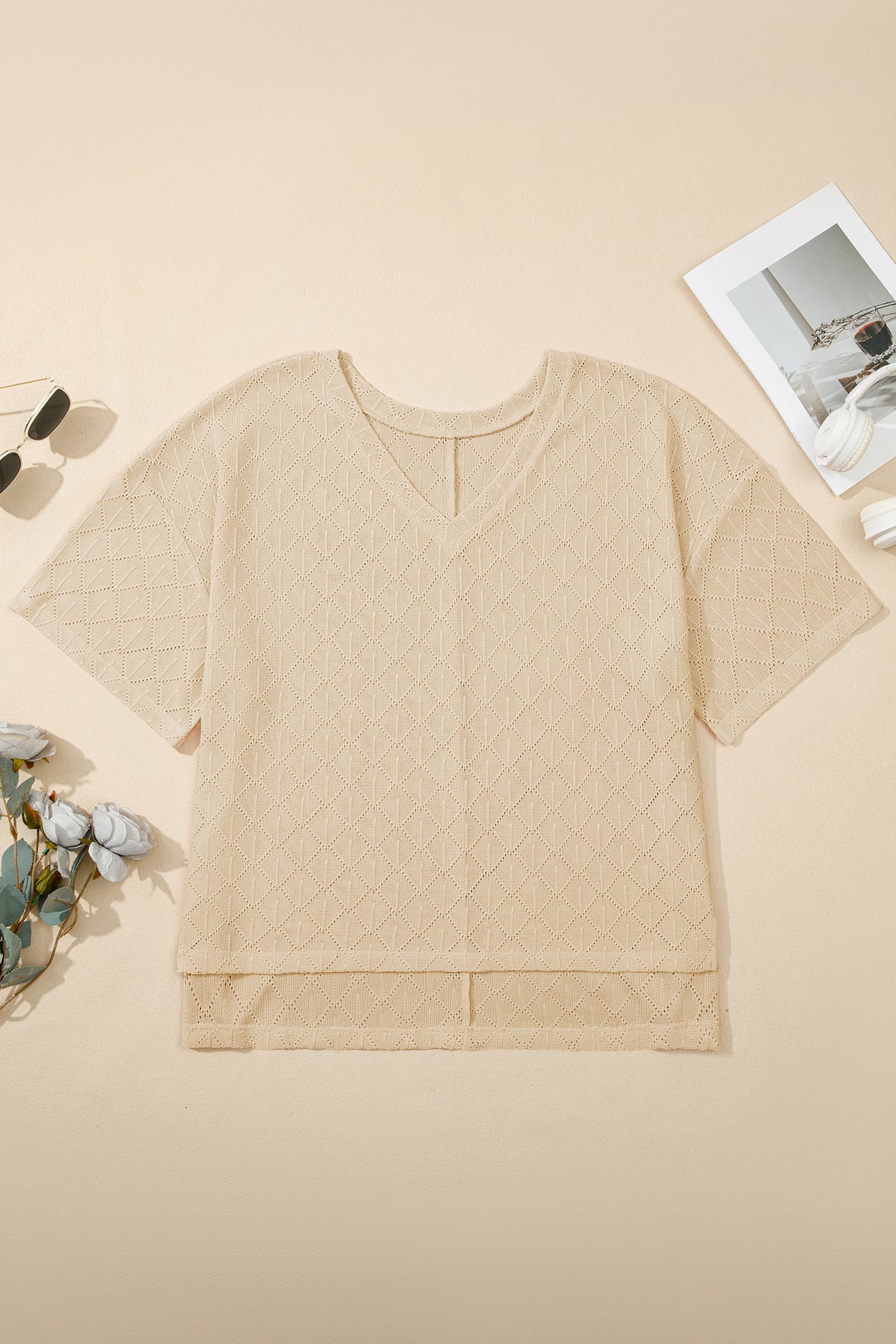 Black Pointelle Rhombus Knit Plus Size V Neck Loose Top