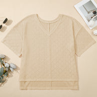 Black Pointelle Rhombus Knit Plus Size V Neck Loose Top