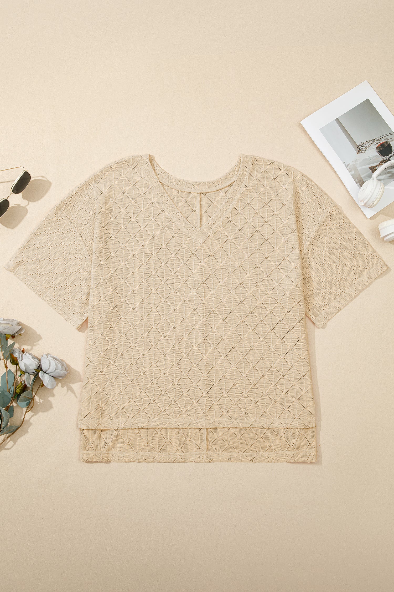 Black Pointelle Rhombus Knit Plus Size V Neck Loose Top