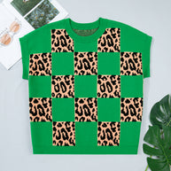 Green Plus Size Leopard Contrasted Checkered Short Sleeve Sweater