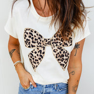 Black Leopard Bow Embroidered Cotton Round Neck T Shirt
