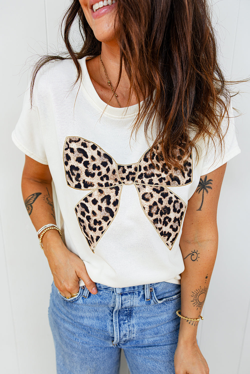 Black Leopard Bow Embroidered Cotton Round Neck T Shirt