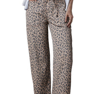 Khaki Leopard Print Drawstring Waist Pocketed Wide Leg Jeans