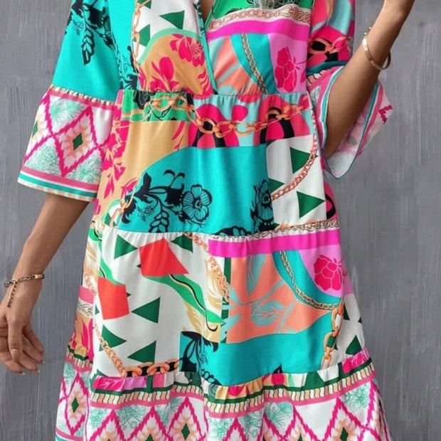 Multicolor Boho Abstract Print Flowy Tiered Dress