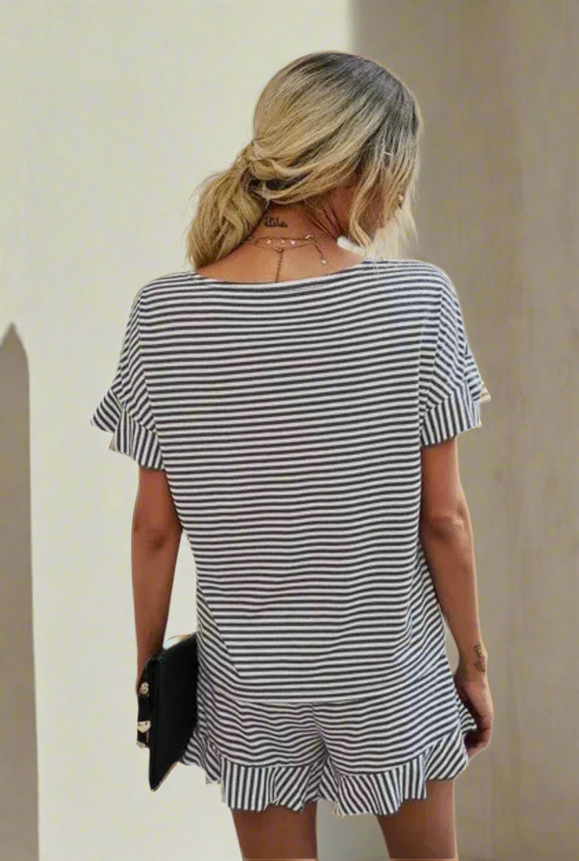 Round Neck Grey Striped Short-Set