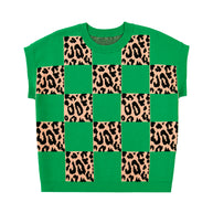 Green Plus Size Leopard Contrasted Checkered Short Sleeve Sweater