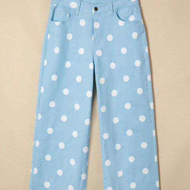 Sky Blue Polka Dot Print Raw Hem Shift Jeans