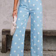 Sky Blue Polka Dot Print Raw Hem Shift Jeans