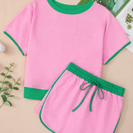 Bonbon Colorblock Edge Drop Shoulder T Shirt and Skort 2Pcs Set