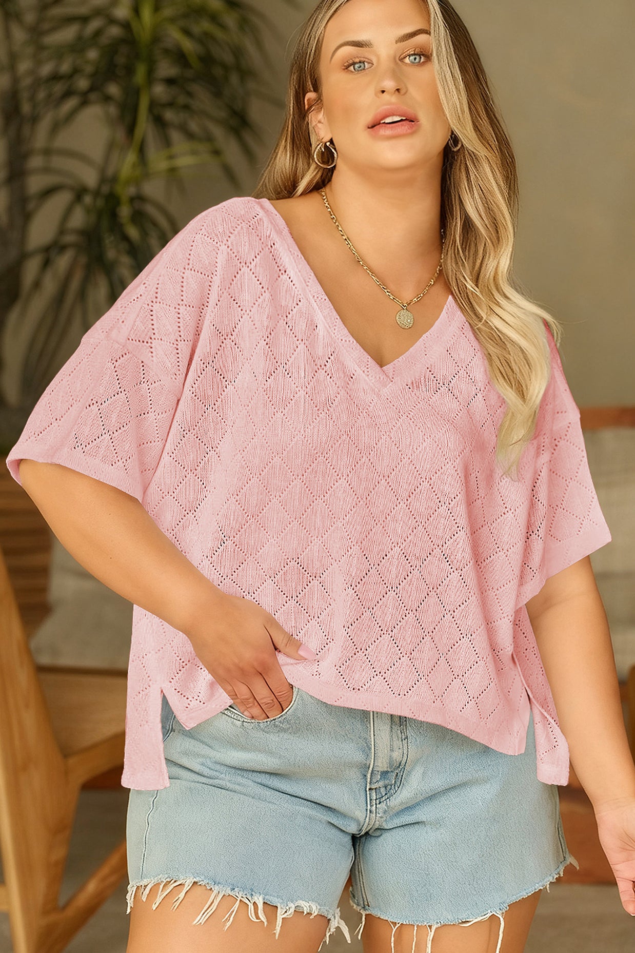 Black Pointelle Rhombus Knit Plus Size V Neck Loose Top