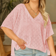 Black Pointelle Rhombus Knit Plus Size V Neck Loose Top