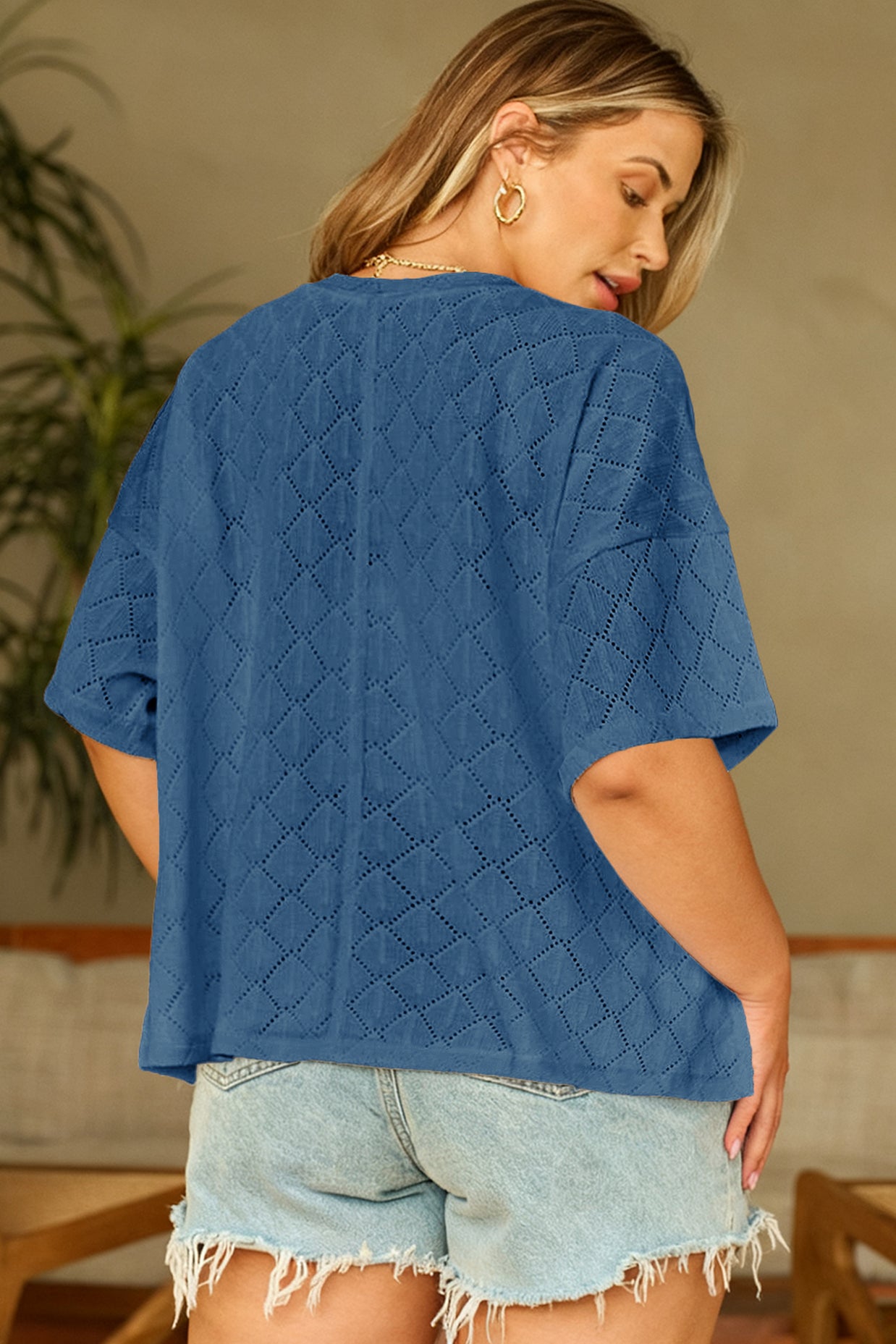 Black Pointelle Rhombus Knit Plus Size V Neck Loose Top
