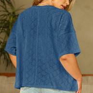 Black Pointelle Rhombus Knit Plus Size V Neck Loose Top