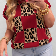 Green Plus Size Leopard Contrasted Checkered Short Sleeve Sweater