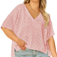 Black Pointelle Rhombus Knit Plus Size V Neck Loose Top
