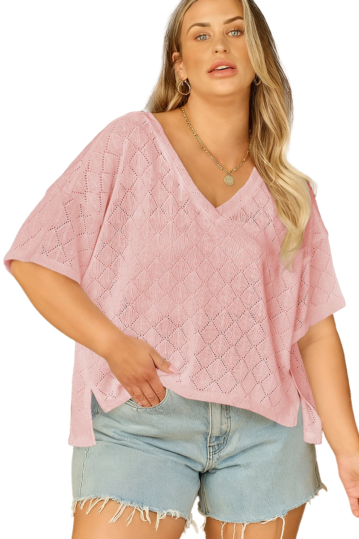 Black Pointelle Rhombus Knit Plus Size V Neck Loose Top