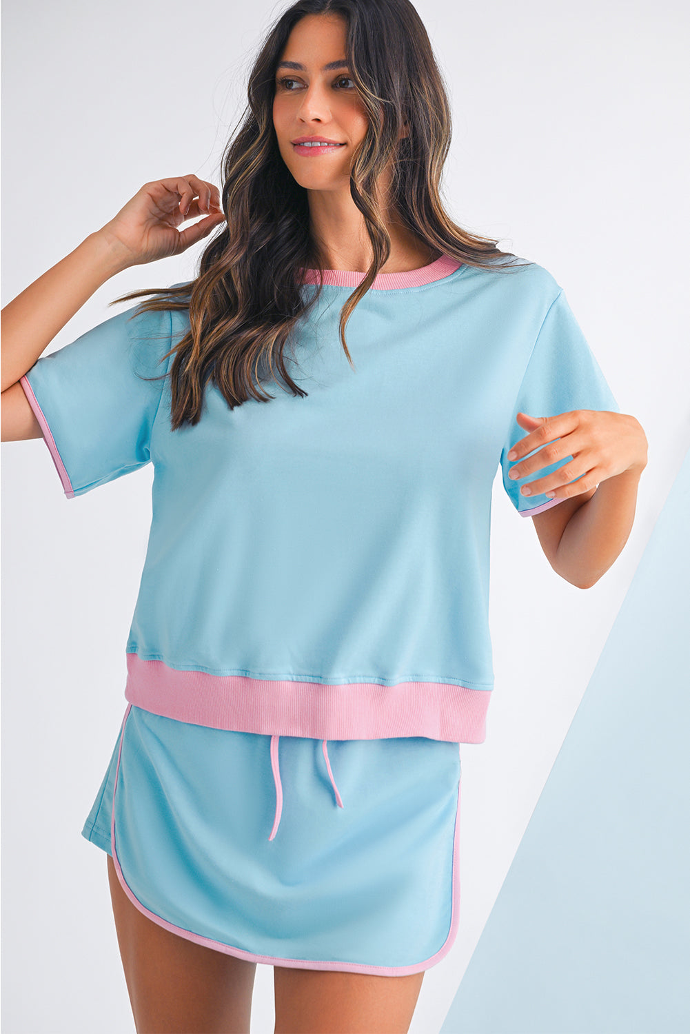 Bonbon Colorblock Edge Drop Shoulder T Shirt and Skort 2Pcs Set