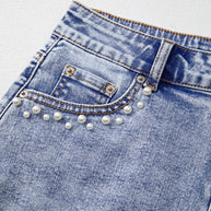 Beau Blue Pearl Studded Pocket Raw Hem Denim Shorts