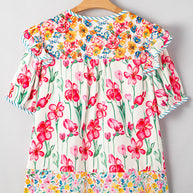 Pink Plus Size Floral Print Striped Trim V Neck Blouse