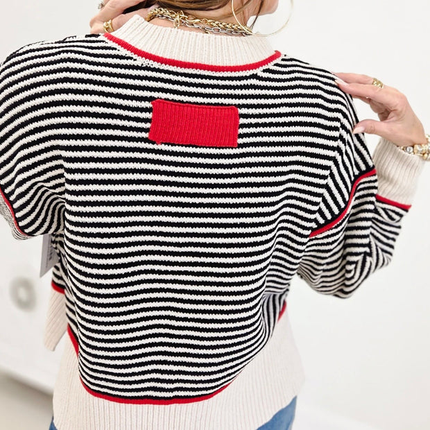 Black Striped Sweater Accented in Red