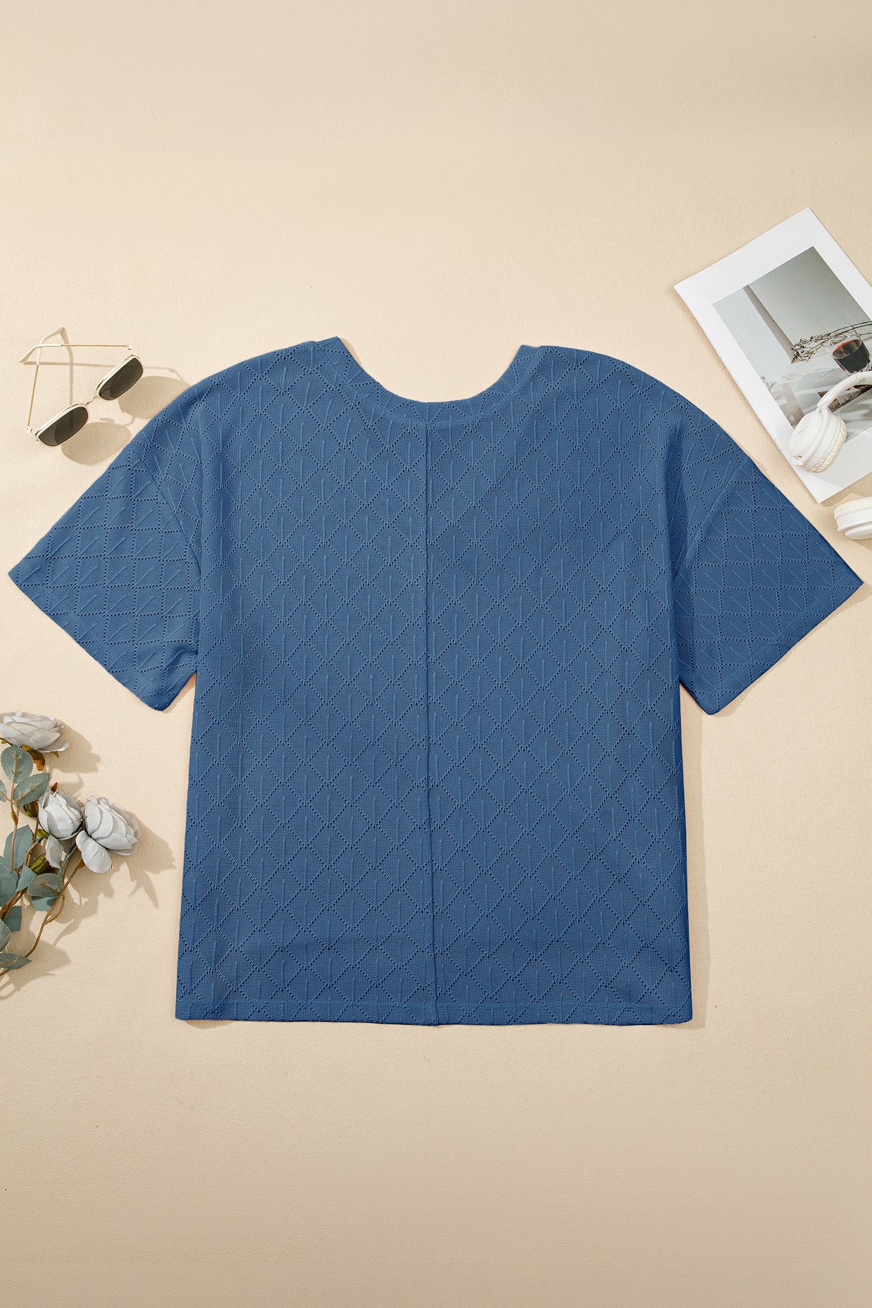 Black Pointelle Rhombus Knit Plus Size V Neck Loose Top