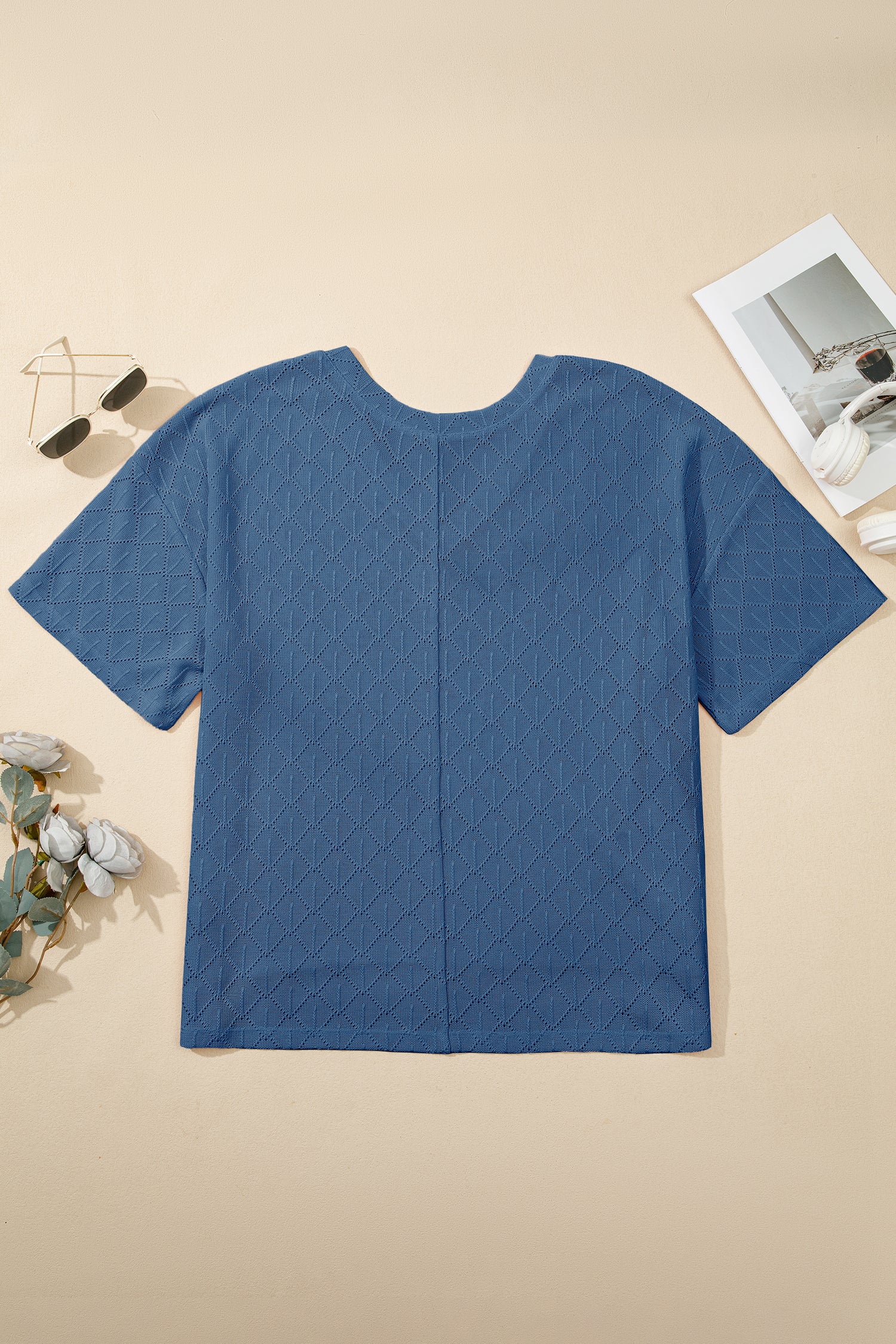 Black Pointelle Rhombus Knit Plus Size V Neck Loose Top