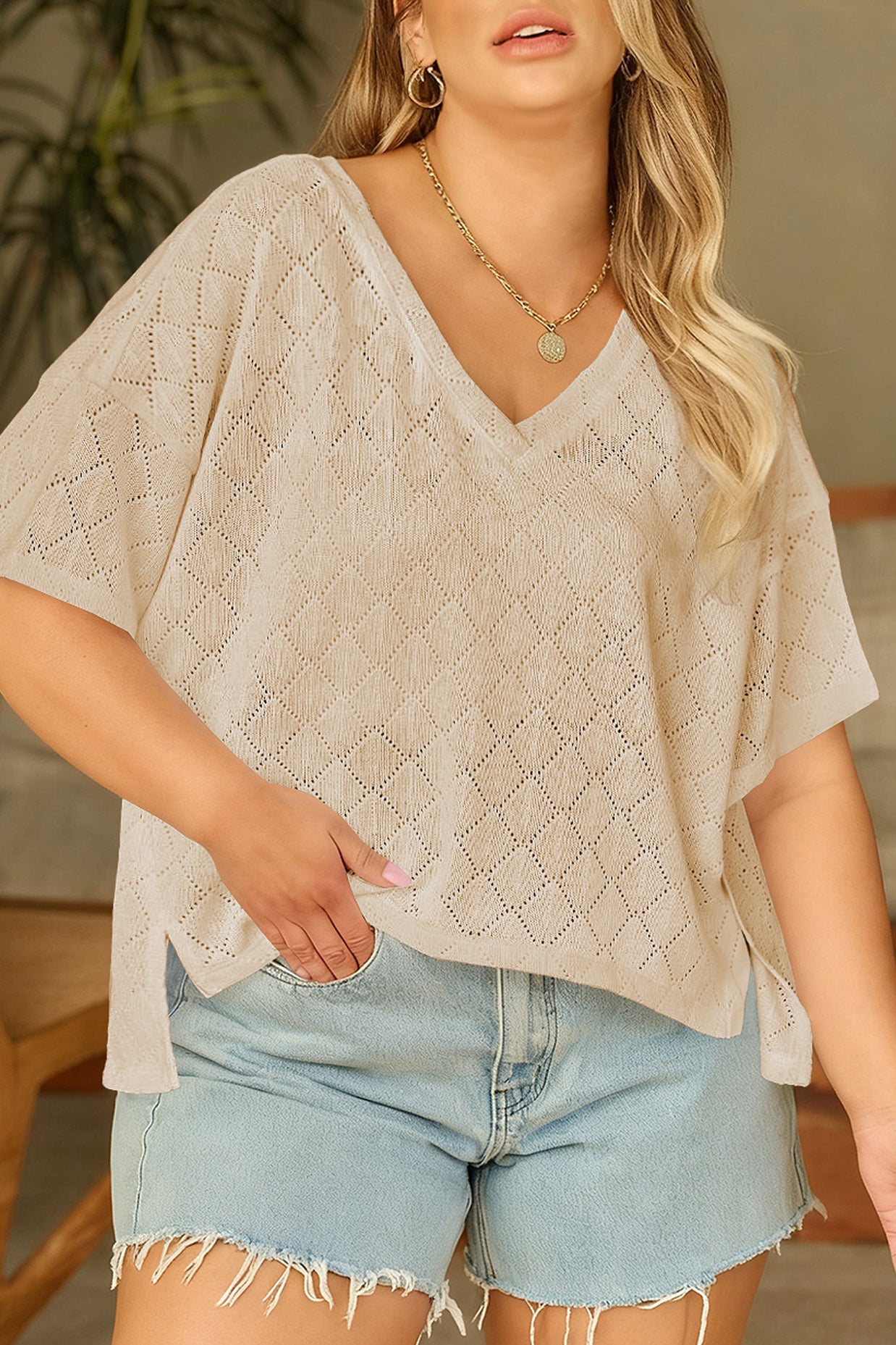 Black Pointelle Rhombus Knit Plus Size V Neck Loose Top