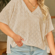 Black Pointelle Rhombus Knit Plus Size V Neck Loose Top