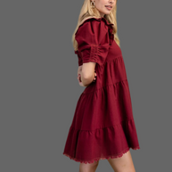 Tiered Button Down Dress With Puffed Sleeves and Raw Hem