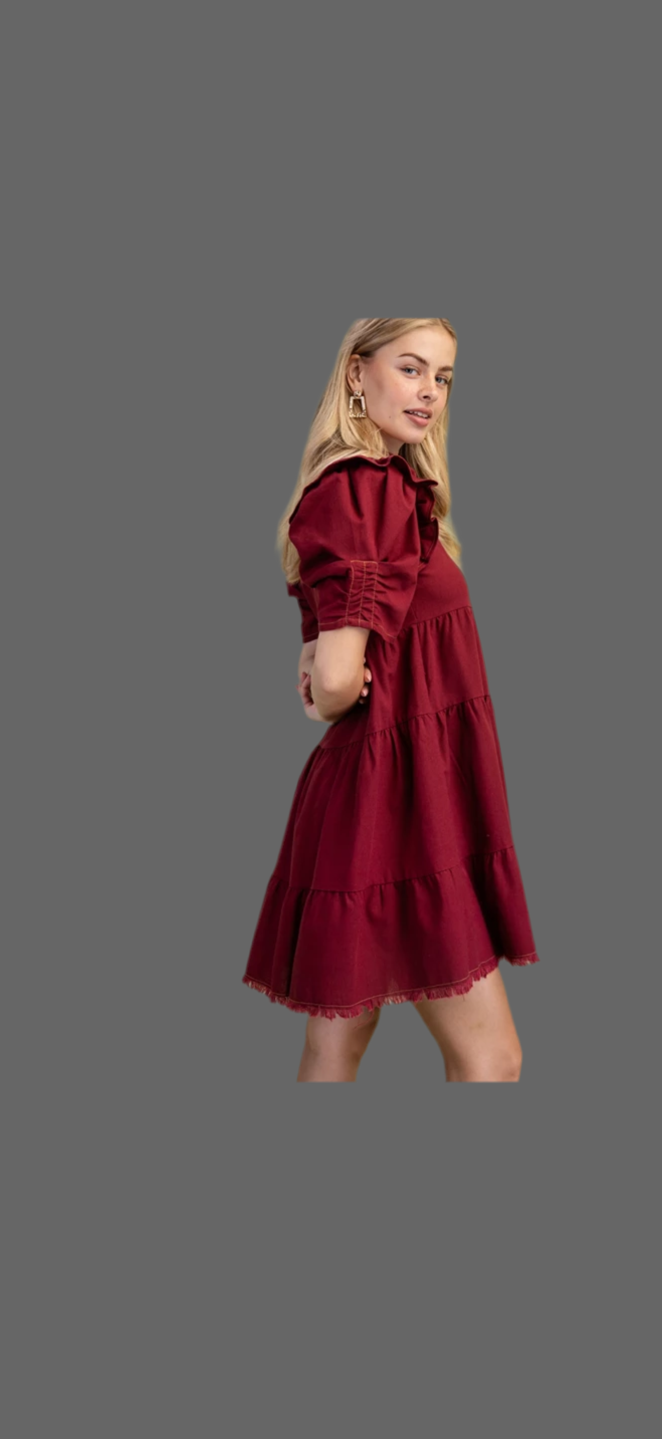 Tiered Button Down Dress With Puffed Sleeves and Raw Hem