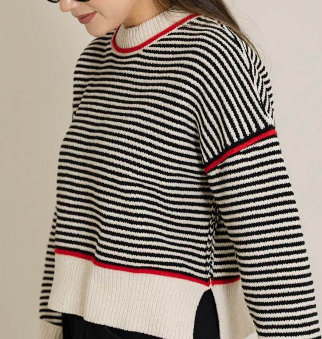 Black Striped Sweater Accented in Red