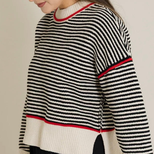 Black Striped Sweater Accented in Red