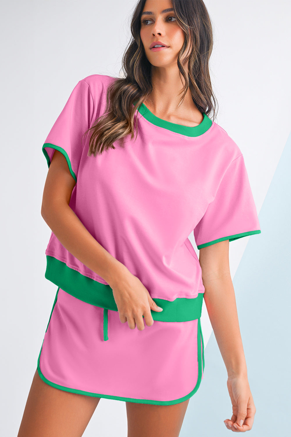 Bonbon Colorblock Edge Drop Shoulder T Shirt and Skort 2Pcs Set