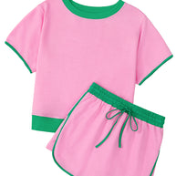 Bonbon Colorblock Edge Drop Shoulder T Shirt and Skort 2Pcs Set