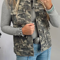 Green Camouflage Print Button Cargo Pocket Button Down Denim Vest