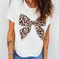 Black Leopard Bow Embroidered Cotton Round Neck T Shirt