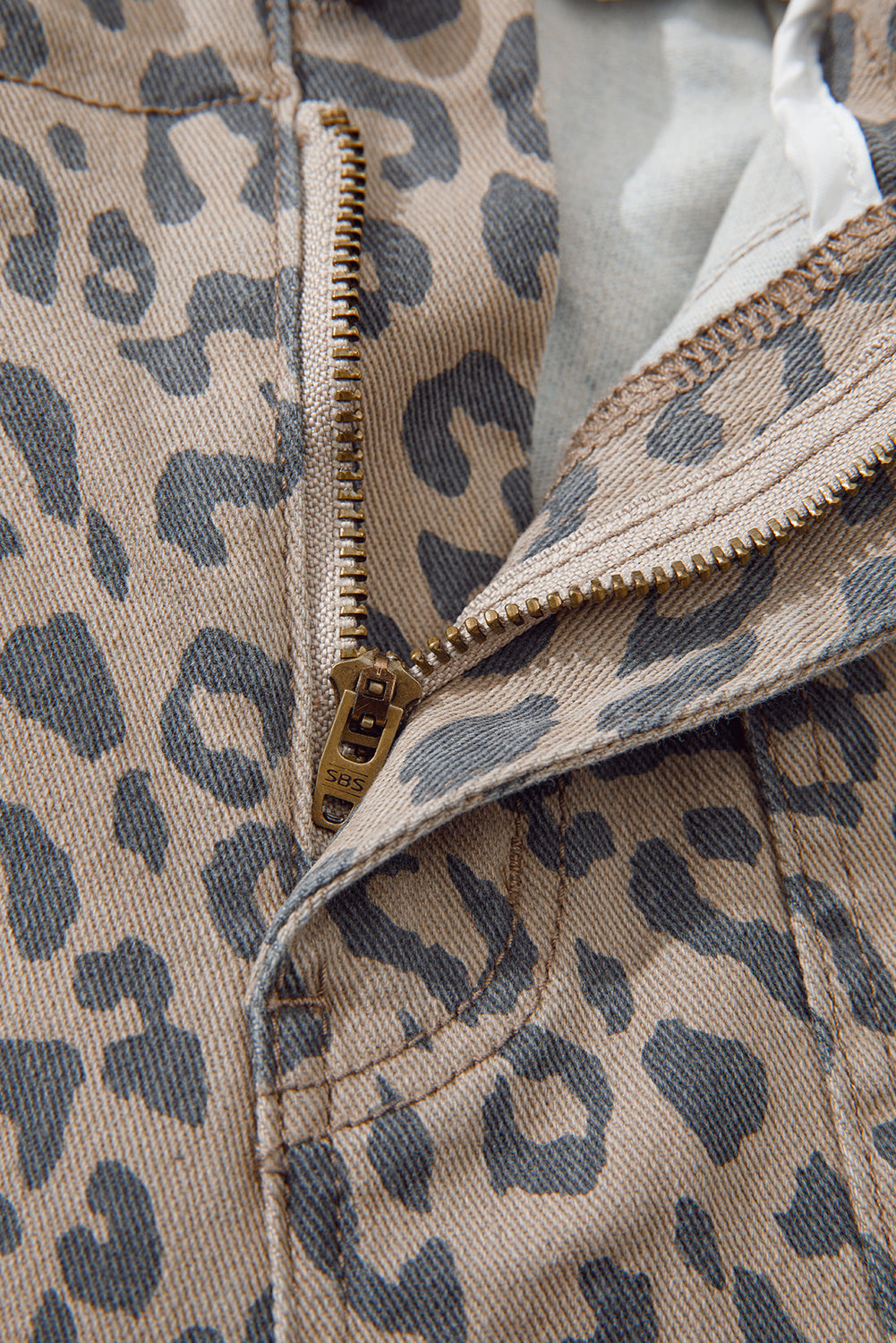 Khaki Leopard Print Drawstring Waist Pocketed Wide Leg Jeans