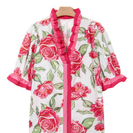 Rose Plus Size Floral Print Frill Neck Short Sleeve Blouse