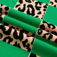 Green Plus Size Leopard Contrasted Checkered Short Sleeve Sweater