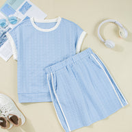 Beau Blue Contrast Trim Textured Crewneck Top and Pocketed Skirt Set