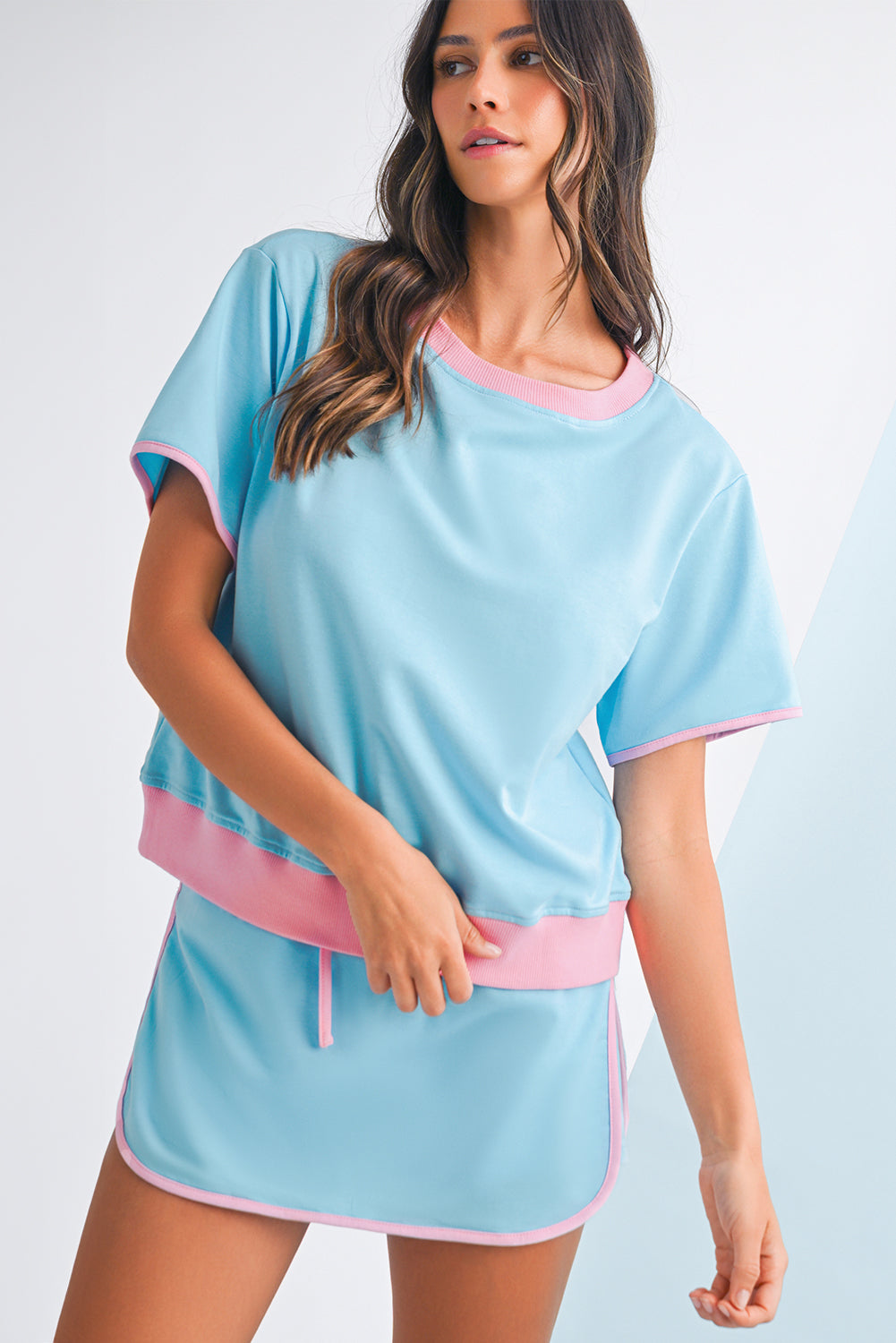 Bonbon Colorblock Edge Drop Shoulder T Shirt and Skort 2Pcs Set