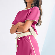Bonbon Colorblock Edge Drop Shoulder T Shirt and Skort 2Pcs Set