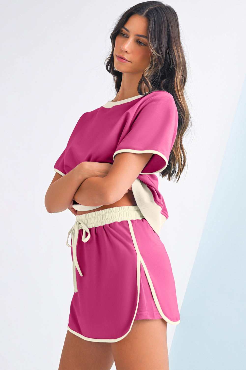 Bonbon Colorblock Edge Drop Shoulder T Shirt and Skort 2Pcs Set