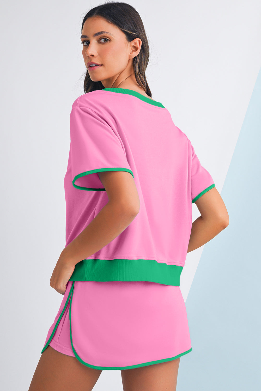 Bonbon Colorblock Edge Drop Shoulder T Shirt and Skort 2Pcs Set