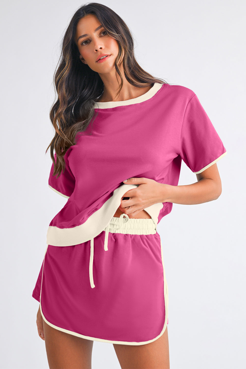 Bonbon Colorblock Edge Drop Shoulder T Shirt and Skort 2Pcs Set