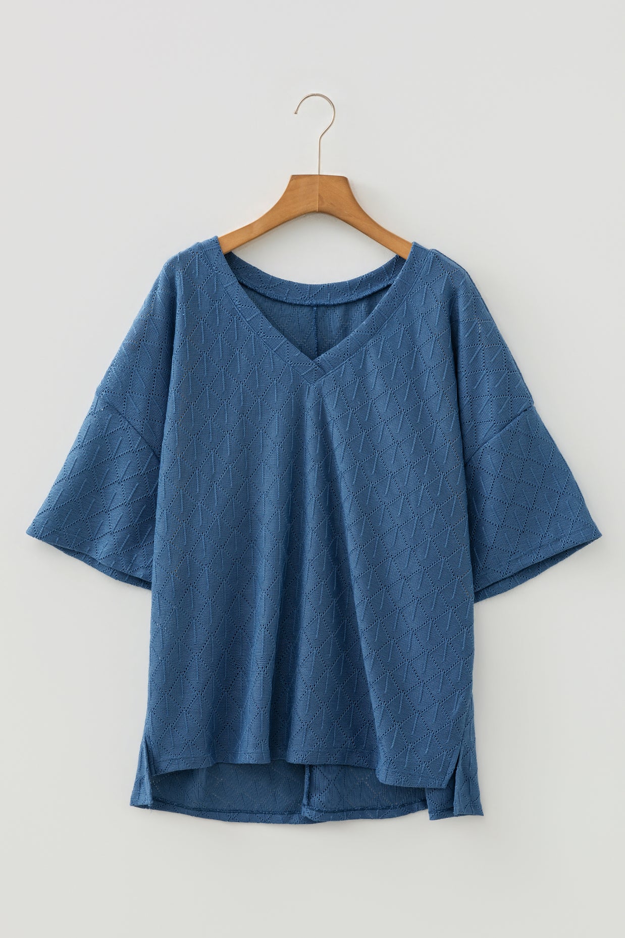 Black Pointelle Rhombus Knit Plus Size V Neck Loose Top